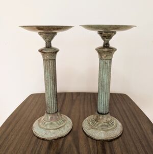 Vintage 1970s Greecian Roman Piller Style Metal Patina Tall Candle Holder Pair